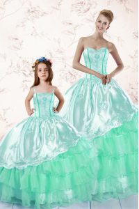 Eye-catching Apple Green Ball Gowns Organza Sweetheart Long Sleeves Embroidery and Ruffled Layers Floor Length Lace Up Sweet 16 Dress