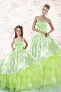 Dynamic Yellow Green Lace Up Sweetheart Embroidery and Ruffled Layers Quinceanera Gowns Organza Sleeveless