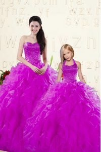 Stunning Organza Sweetheart Sleeveless Lace Up Beading and Ruffles Quinceanera Dress in Purple