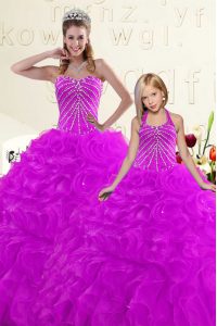 Decent Organza Sweetheart Sleeveless Lace Up Beading and Ruffles Sweet 16 Dresses in Purple