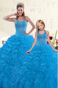 Fitting Organza Sweetheart Sleeveless Lace Up Beading and Ruffles Quince Ball Gowns in Blue