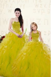 Comfortable Sleeveless Organza Floor Length Lace Up Quinceanera Gowns in Yellow with Beading and Ruffles
