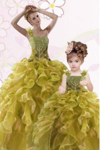 Modern Olive Green Lace Up Sweet 16 Quinceanera Dress Beading and Ruffles Sleeveless Floor Length