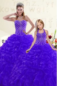 Luxury Floor Length Lace Up Quinceanera Gown Blue and Purple for Military Ball and Sweet 16 and Quinceanera with Beading and Ruffles