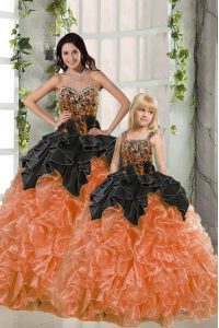 Extravagant Floor Length Lace Up Vestidos de Quinceanera Orange Red for Military Ball and Sweet 16 and Quinceanera with Beading and Ruffles