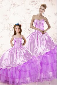 Hot Selling Lilac Organza Lace Up Sweet 16 Quinceanera Dress Sleeveless Floor Length Embroidery and Ruffled Layers