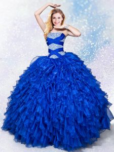 Ideal Royal Blue Organza Lace Up Strapless Sleeveless Floor Length Quinceanera Gown Beading and Ruffles