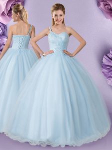 Extravagant One Shoulder Light Blue Sleeveless Tulle Lace Up Quinceanera Dress for Military Ball and Sweet 16 and Quinceanera