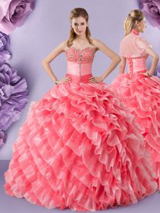 Watermelon Red Sweetheart Lace Up Lace Sweet 16 Quinceanera Dress Sleeveless
