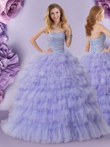 Inexpensive Lavender Ball Gowns Tulle Strapless Sleeveless Beading and Ruffled Layers Floor Length Lace Up Quinceanera Dress
