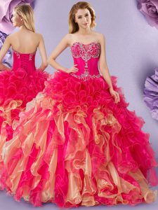 Multi-color Ball Gowns Organza Sweetheart Sleeveless Beading and Ruffles Floor Length Lace Up 15th Birthday Dress