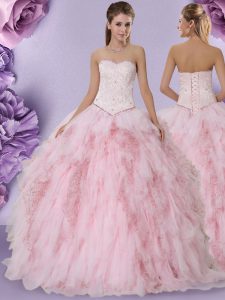 Enchanting Sleeveless Floor Length Beading and Lace and Ruffles Lace Up Ball Gown Prom Dress with Baby Pink