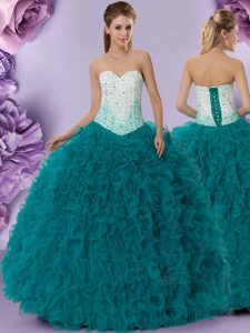 Teal Ball Gowns Beading and Ruffles Sweet 16 Quinceanera Dress Lace Up Tulle Sleeveless Floor Length