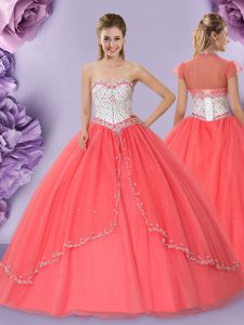 High Class Watermelon Red Ball Gowns Tulle Sweetheart Sleeveless Beading Floor Length Lace Up Quinceanera Gowns