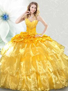 Gold Organza Lace Up Quinceanera Gown Sleeveless Ruffled Layers and Sequins
