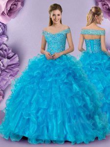 Pretty Ball Gowns Ball Gown Prom Dress Baby Blue Off The Shoulder Organza Sleeveless Floor Length Lace Up