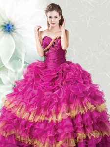 Fuchsia Lace Up Quince Ball Gowns Ruffles and Ruffled Layers Sleeveless Floor Length