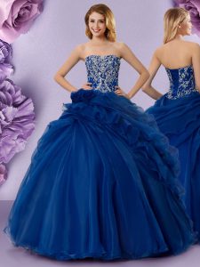 Royal Blue Organza Lace Up Strapless Sleeveless Floor Length Quince Ball Gowns Beading and Ruffles and Hand Made Flower