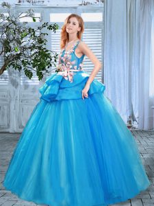 Low Price Blue Scoop Lace Up Appliques and Hand Made Flower Quinceanera Gown Sleeveless