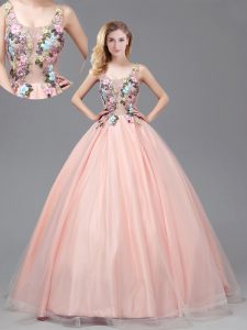 Straps See Through Baby Pink A-line Appliques Quinceanera Gowns Criss Cross Tulle Sleeveless Floor Length