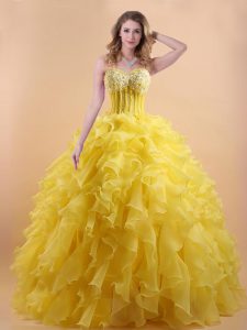 Floor Length Lace Up Ball Gown Prom Dress Gold for Prom with Appliques and Ruffles