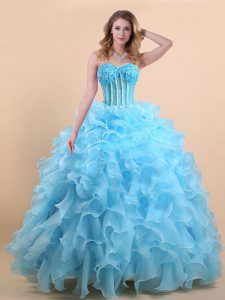 On Sale Organza Sleeveless Floor Length Ball Gown Prom Dress and Appliques and Ruffles
