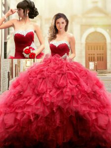 Sweetheart Sleeveless Quinceanera Gown Floor Length Beading and Ruffles Red Tulle