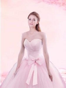 Perfect Ruching and Bowknot Quinceanera Dress Baby Pink Lace Up Sleeveless With Brush Train