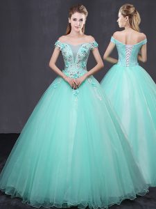 Fashion Off the Shoulder Floor Length Ball Gowns Sleeveless Apple Green Quinceanera Gowns Lace Up
