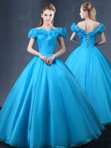 Off the Shoulder Baby Blue Ball Gowns Appliques Quinceanera Dresses Lace Up Tulle Cap Sleeves Floor Length
