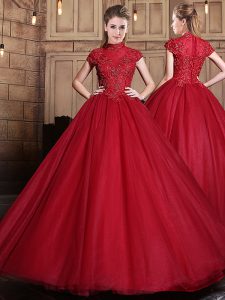 Wine Red Short Sleeves Tulle Zipper Ball Gown Prom Dress for Military Ball and Sweet 16 and Quinceanera