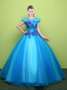 Baby Blue Lace Up Scoop Appliques Ball Gown Prom Dress Tulle Short Sleeves