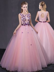Dazzling Scoop Baby Pink Tulle Lace Up Quinceanera Dress Sleeveless Floor Length Appliques