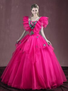 Fine Hot Pink Sleeveless Organza Lace Up 15 Quinceanera Dress for Military Ball and Sweet 16 and Quinceanera