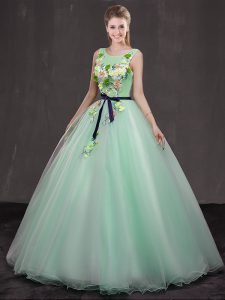 Luxury Apple Green Lace Up Scoop Appliques Quinceanera Gown Organza Sleeveless