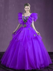 Sleeveless Organza Floor Length Lace Up Court Dresses for Sweet 16 in Purple with Appliques and Ruffles