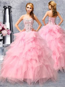 Elegant Rose Pink Organza Lace Up Sweetheart Sleeveless Floor Length Quinceanera Gown Beading and Ruffles