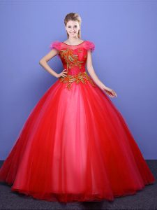 Stylish Coral Red Tulle Lace Up Scoop Short Sleeves Floor Length Ball Gown Prom Dress Appliques