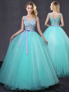 Captivating Scoop Floor Length Lace Up Ball Gown Prom Dress Aqua Blue for Military Ball and Sweet 16 and Quinceanera with Appliques and Belt