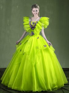 Yellow Green Organza Lace Up Sweetheart Sleeveless Floor Length Quince Ball Gowns Appliques and Ruffles