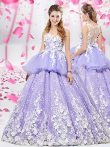 High Class Scoop Sleeveless Organza and Tulle Floor Length Lace Up Quince Ball Gowns in Lavender with Appliques