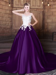 Spectacular Scoop Dark Purple Ball Gowns Lace and Appliques Quince Ball Gowns Lace Up Elastic Woven Satin Sleeveless With Train