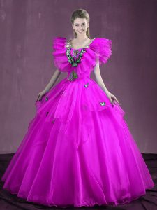 Fuchsia Sweetheart Lace Up Appliques and Ruffles Sweet 16 Quinceanera Dress Sleeveless