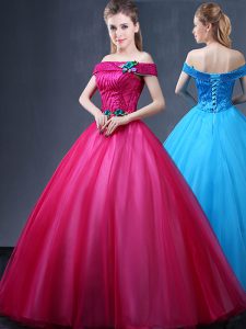 Stylish Off the Shoulder Floor Length Lace Up Sweet 16 Dress Fuchsia for Military Ball and Sweet 16 and Quinceanera with Beading and Appliques