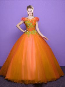 Fabulous Orange Scoop Lace Up Appliques Quinceanera Gowns Short Sleeves