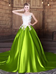 Shining Scoop With Train Yellow Green Party Dress Wholesale Elastic Woven Satin Court Train Sleeveless Lace and Appliques