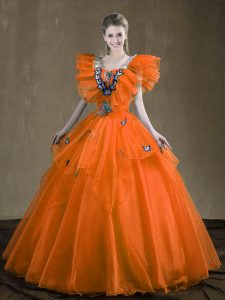 Spectacular Floor Length Lace Up Ball Gown Prom Dress Orange Red for Military Ball and Sweet 16 and Quinceanera with Appliques and Ruffles