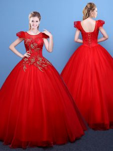 Low Price Scoop Short Sleeves Lace Up Quinceanera Gowns Red Tulle