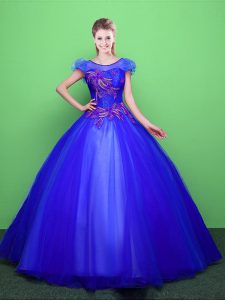 Scoop Blue Lace Up Quinceanera Gowns Appliques Short Sleeves Floor Length