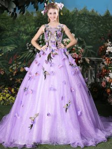 Glorious Lavender Scoop Lace Up Appliques Quince Ball Gowns Brush Train Sleeveless